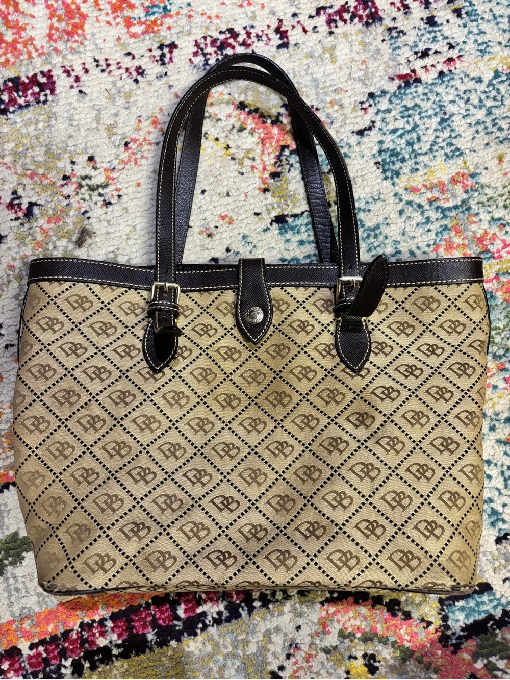 Dooney & Bourke Tan Logo Tote with Dark Brown Trim